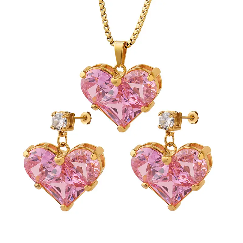 Hot Selling Pink Crystal Heart Necklace Jewelry Set Brass Zirconia Peach Heart Set of Jewelry for Ladies