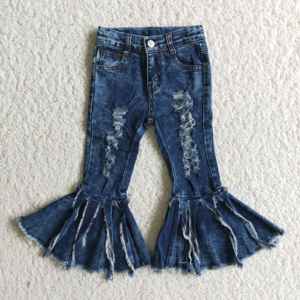 Pantalones de Mezclilla Elásticos de Pierna Ancha con Campana para Bebés y Niñas Pequeñas, Azul Marino, con Volantes - Product Image 3