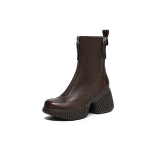 Bottines à talon compensé mi-haut en cuir véritable de mouton de haute qualité, antidérapantes, imperméables, couleur unie, polyvalentes et tendance - Product Image 2