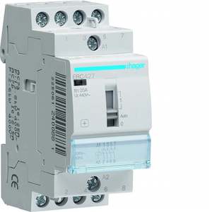 Contattore Hager ERC427 personalizzabile con controllo manuale, 25 A 230 V CA, 2 NO + 2 NC, 2 moduli DIN - Product Image 1