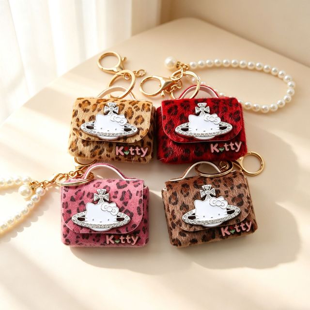 Women Leopard Plush Mini Wallet Keychain Pearl Lanyard Rhinestone Cartoon Cat Decor Portable Bag Charm Pendant Accessory