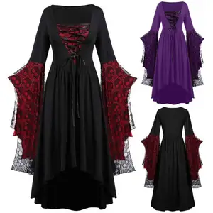 Fashion Witch Cosplay Halloween Costume Plus Size Skull Halloween Dress Lace Bat Sleeve Halloween Costumes For Women Dresses
