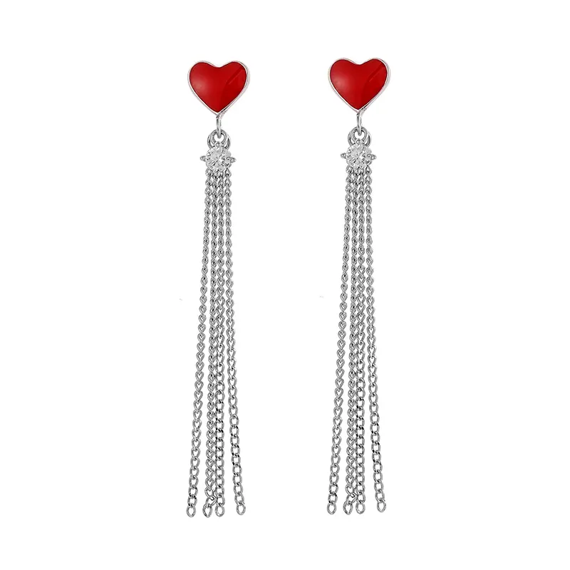 925 sterling silver Red Black Heart Fringe Chic Women's Ball Tassel studs Earrings Jewelry