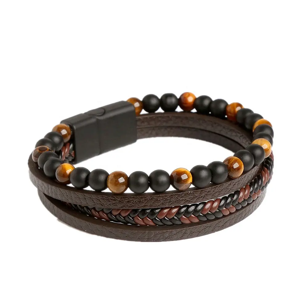 Wholesale Tiger's Eye Lava Natural Stone Bead Bracelets Jewelry Alloy Magnetic Clasp Men's Leather Bracelet