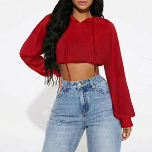 Sudadera Roja Corta con Capucha, Manga Larga, Hombros Caídos, Tejida, Color Sólido, Informal, para Otoño, para Mujer - Product Image 1