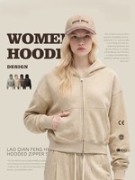 Felpa con cappuccio da donna all'ingrosso, 320G, 85% cotone 15% poliestere, in pile tinta unita, ecologica, traspirante, con cerniera a due vie, modello corto, classica