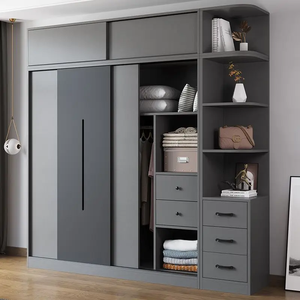 Armario de Madera Gris Grande Personalizado con Puertas Corredizas, Estante Curvo en Esquina, Cajonera, Estilo Minimalista Moderno, Independiente para el Hogar - Product Image 2