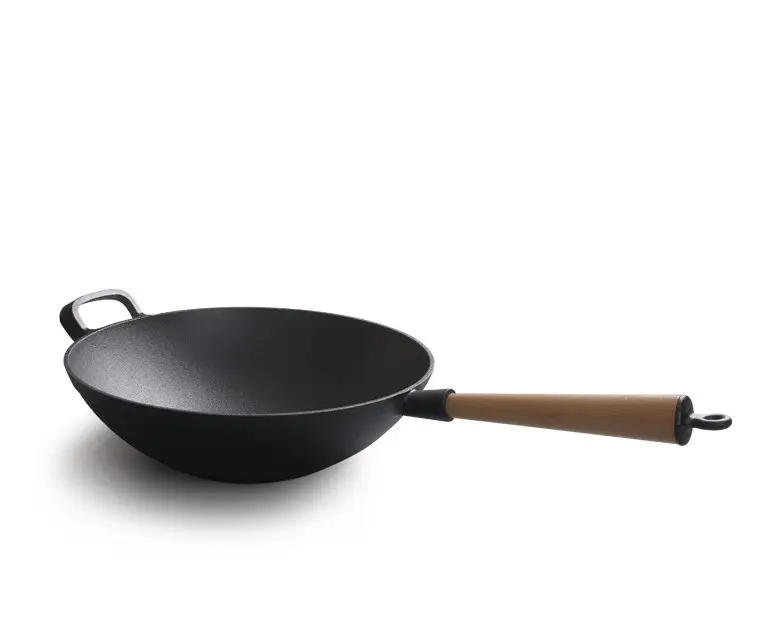 Cast Iron Large Wok Pan Casserole Frying Pan Cookware Pot With Flat Top Bottom Wooden Handle And Cover