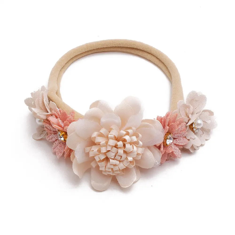 Fascia per capelli con fiori artificiali di perle per neonate fasce elastiche per capelli in Nylon puntelli fotografici per neonati accessori per bambini