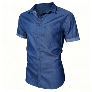 Chemises en chambray à manches courtes pour hommes, coupe ajustée, couleur unie, col à revers, boutonnées, style workwear, avec poche poitrine, vente en gros sur mesure - Product Image 3
