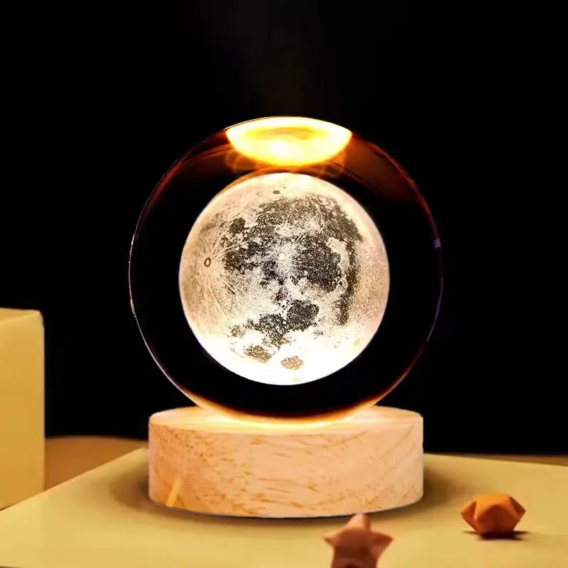 Forma De Luna 3D 3,15 pulgadas 8cm bola de cristal luz de noche niños niñas estudiante Feliz Año Nuevo lámpara de regalo con base de madera led