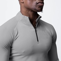 T-shirt Sport Homme à Manches Longues Personnalisable en Polyester Spandex, Fermeture Éclair, Uni, Séchage Rapide pour Fitness et Course
