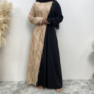 16168# Fashionable Beige and Black Two Color Splice With Small Sequins Tassel Women Popular <b>Abaya</b> Dress - Product Image 4