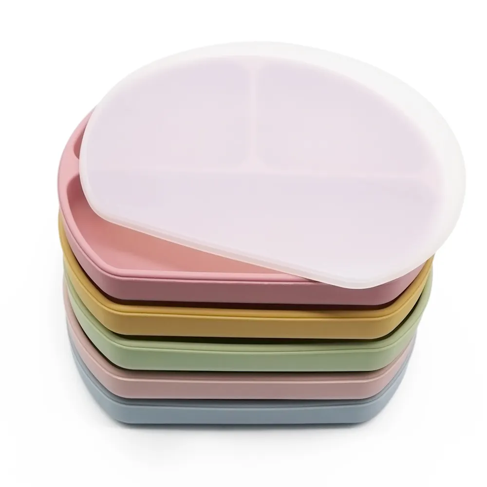Baby Feeding Products anti spill baby silicone bowl plate with lid bamboo wooden silicone baby plates