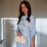 Robe décontractée bleu clair unie pour femme, col bénitier, manches longues, en satin, courte, avec ceinture à nouer, vente en gros