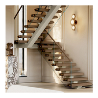 Escalier droit pour villa et appartement, marches en bois et verre, escalier mono-poutre, garde-corps en verre, support de marche en poutre d'acier, durable