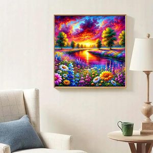 Kit de <span class=keywords><strong>peinture</strong></span> diamantée Songwoo personnalisé : Champ de <span class=keywords><strong>fleurs</strong></span> coloré et rêveur, Coucher de soleil sur la rivière, Paysage vibrant - Product Image 3