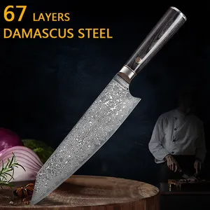 67 Layers Damascus Steel Real Damascus Steel VG10 Core Japanese Style 8" Kiritsuke Knives With Colored Wood Handle