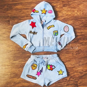 Custom Two Piece Applique Patch Cotton French Terry Green Acid Wash <b>Zip</b> <b>up</b> Hoodie and Shorts Set Tracksuits Sweatsuits Set Women - Product Image 5