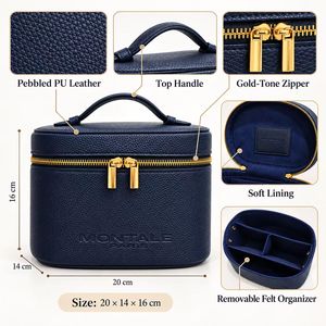 Organizador de Maquillaje de Cuero PU Azul Marino de Estilo Lujoso, Estuche Cosmético con Cierre Dorado y Inserto de Fieltro Extraíble para Viajes y Belleza - Product Image 6