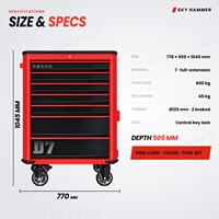 Armoire à outils roulante à 7 tiroirs en acier rouge avec plateau supérieur, étagère latérale pliable et verrouillage central pour garage et atelier