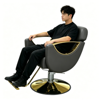 Chaise de barbier élégante haut de gamme personnalisée, réglable en hauteur, avec base en métal doré, pour salon, studio, barbier.