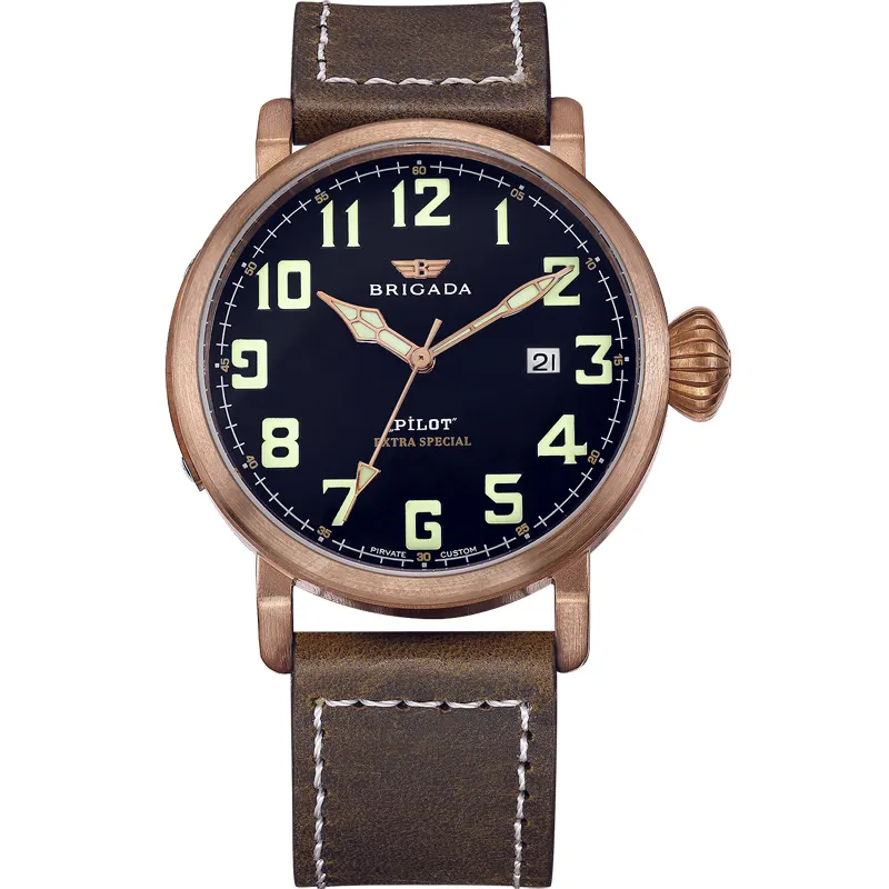 New Arrival Bronze Luminous Automatic Movement Pilot watch Crazy Horse Leather High End Mechanical Watches for Men