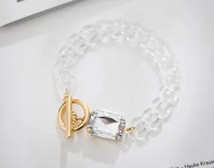 Chaîne en résine, bracelets et colliers en pierre de cristal, bordure centrale, acrylique clair, plaqué or, collier hip hop pour femme, barre de O-T