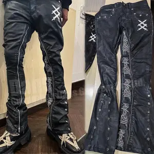 Male Skinny Fit Elastic Streetwear Zipper Pu Flare Sweat Trousers Custom Embroidery Lace Up Faux Leather Stacked Pants For Men
