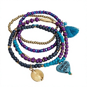 Bohemian Handmade <b>Glass</b> Beaded Bracelets Set Turquoise Purple Beads Gold Plated Charms Heart I Love You Unisex Eco-Friendly - Product Image 1
