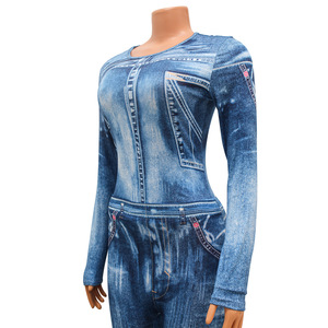 จั๊มสูทแขนยาวคอกลมพิมพ์ลายเซ็กซี่รัดรูปสำหรับฤดูร้อน พร้อมกางเกงพิมพ์ลาย ชุดแฟชั่นผู้หญิง 2 ชิ้น - Product Image 5