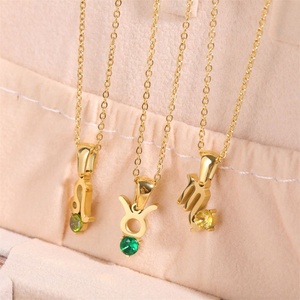 18K Gold Plated Zodiac Sign Round Zircon Birthstone Charm Necklace Stainless Steel Zodiac Birthstone Necklace for Women Jewelry - Product Image 4