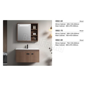 Meuble de salle de bain suspendu en <span class=keywords><strong>bois</strong></span> de noyer de luxe rétro avec miroir à LED, rangement latéral ouvert et tiroirs de rangement, meuble-lavabo mural - Product Image 6