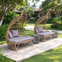 Lit de repos double d'extérieur en rotin Dubai Cabana avec auvent, mobilier de jardin rond en rotin