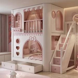 Letti a castello JS moderni in legno massello, comodi letti per bambini di piccole dimensioni, design a castello da <span class=keywords><strong>principessa</strong></span> per la <span class=keywords><strong>cameretta</strong></span> scolastica - Product Image 5