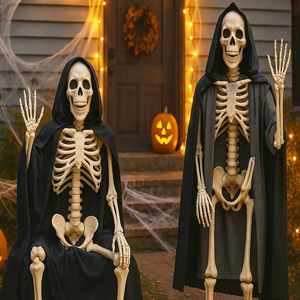 Squelette d'Halloween de 90 cm avec cape, os en plastique, décoration pour maison hantée, accessoire effrayant pour fête - Product Image 1
