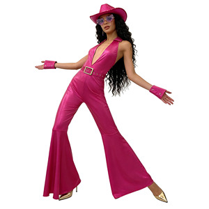 Mono de satén para mujer, pantalones acampanados de cintura alta, disfraz de fiesta hip hop, atuendo retro de discoteca, sin etiqueta, sin colgante. - Product Image 3