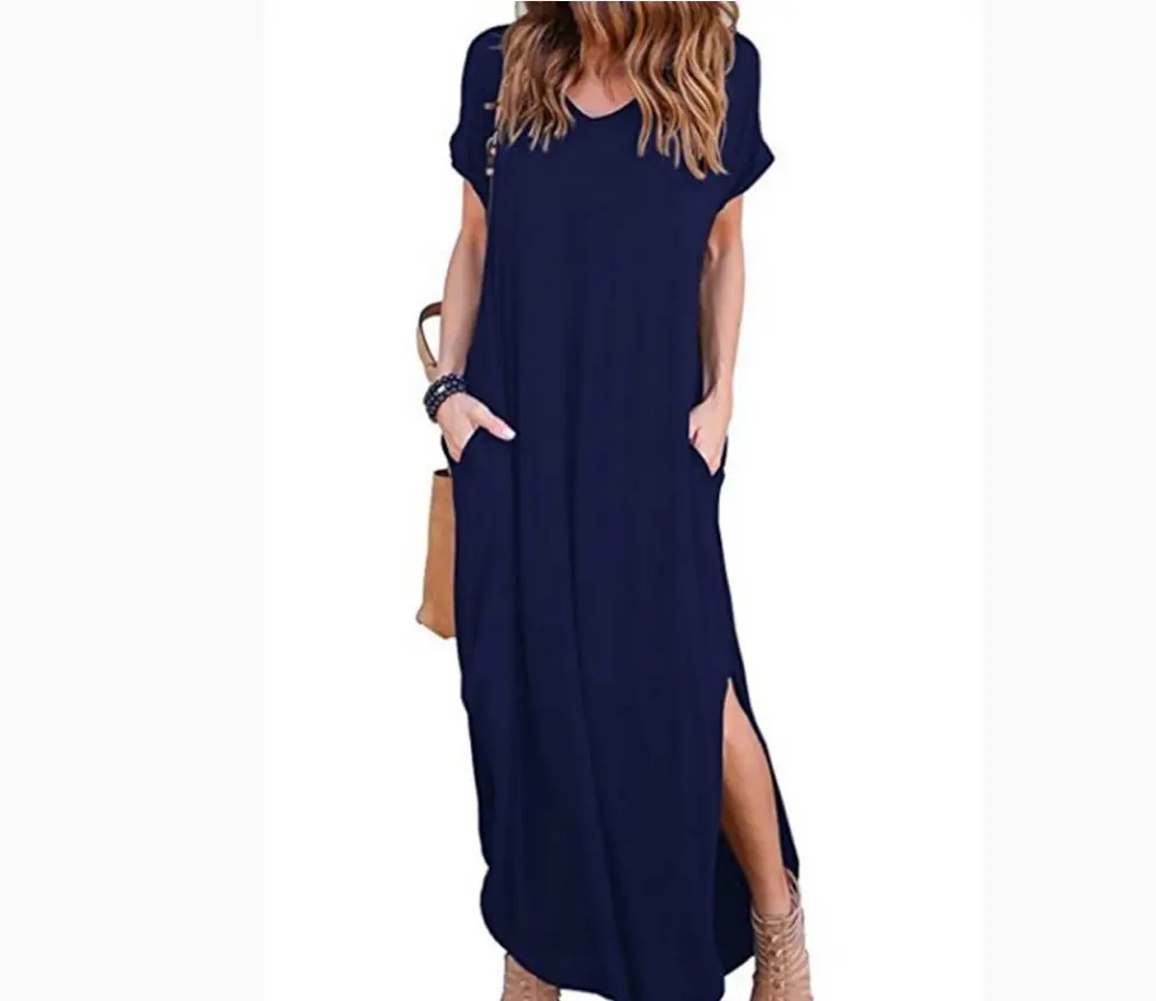 WomenのSolid Casual Loose Pocket Long Dress Short Sleeve Split Maxi Dresses