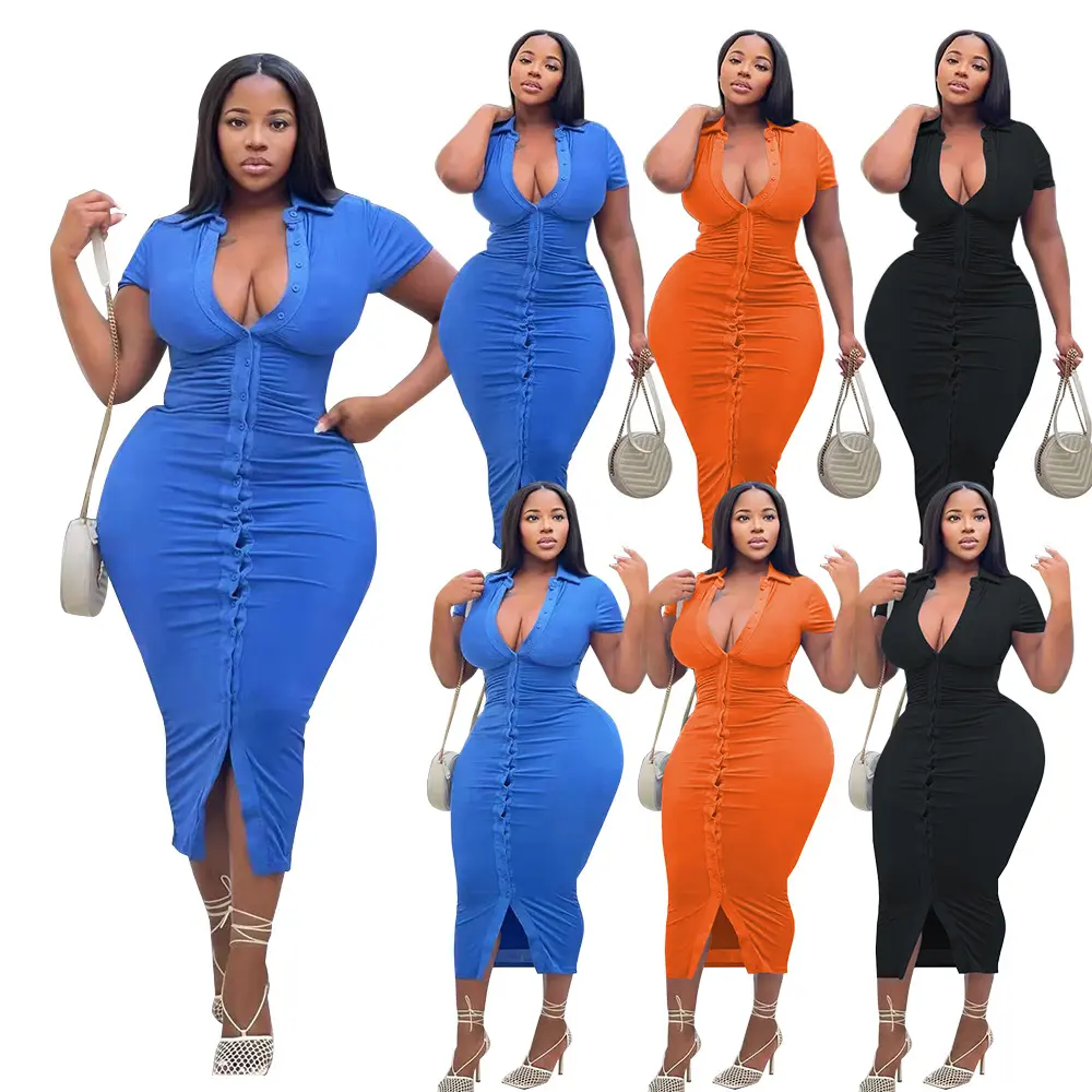 European And American Women's Sexy Large Size Dress Summer Short Sleeve High-end Temperament Solid Color Plus Size Bodycon Dress