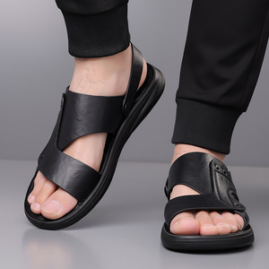 Sandales pour hommes à bride en T en cuir véritable, bout ouvert, semelle en caoutchouc, respirantes, motif uni, décontractées, pour l'extérieur, chaussures d'été avec logo en cuir - Product Image 3