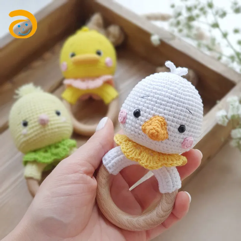 Newborn Shower Gift Directly Manufacture Handmade Lucky Duck Wooden Teether Toy Crochet Rattle