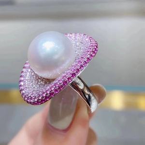 Bague en argent pur S925 de luxe léger, incrustée de perle naturelle, 13-12 mm, ronde, sans défaut, design réglable à l'avant - Product Image 2