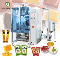 Machine de remplissage et d'emballage verticale automatique pour sachets de 50 ml de liquides (confiture, chocolat, sauce pomme) et de pâtes (huile de piment)
