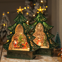 Linterna musical LED con forma de árbol de Navidad, diseño plano hueco, con escena de castillo y purpurina giratoria, adorno de mesa