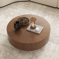 Table basse ronde en noyer de 35,43 pouces, moderne, à hauteur réglable, en forme de tambour, avec tiroir de rangement dissimulé et pieds sphériques