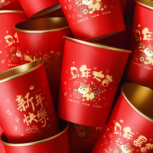 Vasos de papel desechables con borde dorado, color rojo de Año Nuevo, vasos gruesos para bebidas calientes, forma cilíndrica, para la celebración del Año Nuevo Chino. - Product Image 3
