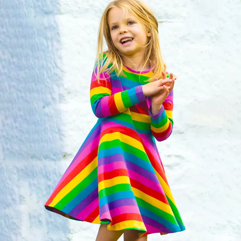2024 Kleid Baby Mädchen Kinderkleider Regenbogen Sommer Herbst Langärmlig Festival Kinder Party Prinzessinkleider 2 3 4 5 6 7 Jahre