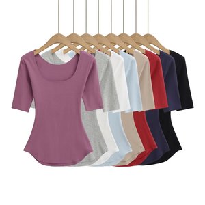 Camiseta Básica Sexy de Corte Regular con Cuello en U para Mujer, Verano, Manga Corta, Ligera, Transpirable, Moldeadora - Product Image 1