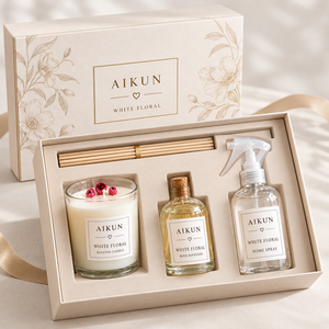 Coffret Cadeau Parfum d'Ambiance Aikun Blanc Floral avec Bougie Parfumée, Diffuseur à Bâtonnets, Spray d'Ambiance et Emballage Rigide - Product Image 4