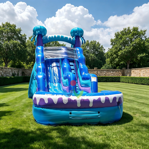 Tobogán Acuático Inflable de Doble Carril con Diseño de Medusas y Piscina, Ondas Azules con Criaturas Oceánicas, Fabricado con Lona de PVC de Grado Comercial - Product Image 4